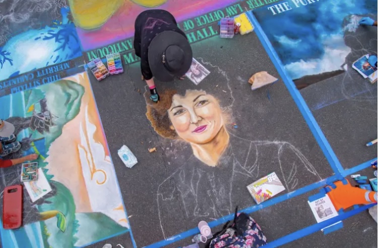 chalk art drawing of woman with caladiums