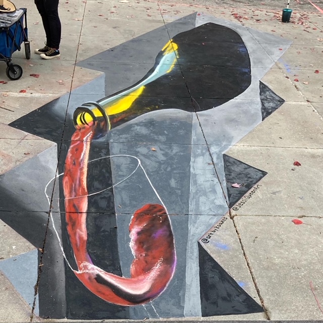 chalk art drawing of wine bottle pouring into a glass